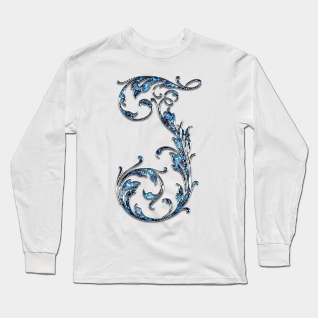Ornate Blue Silver Letter J Long Sleeve T-Shirt by skycloudpics